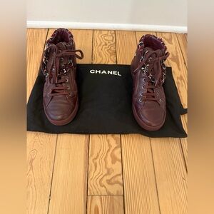 CHANEL Burgundy Leather High-Top Sneakers with Tweed Trim
